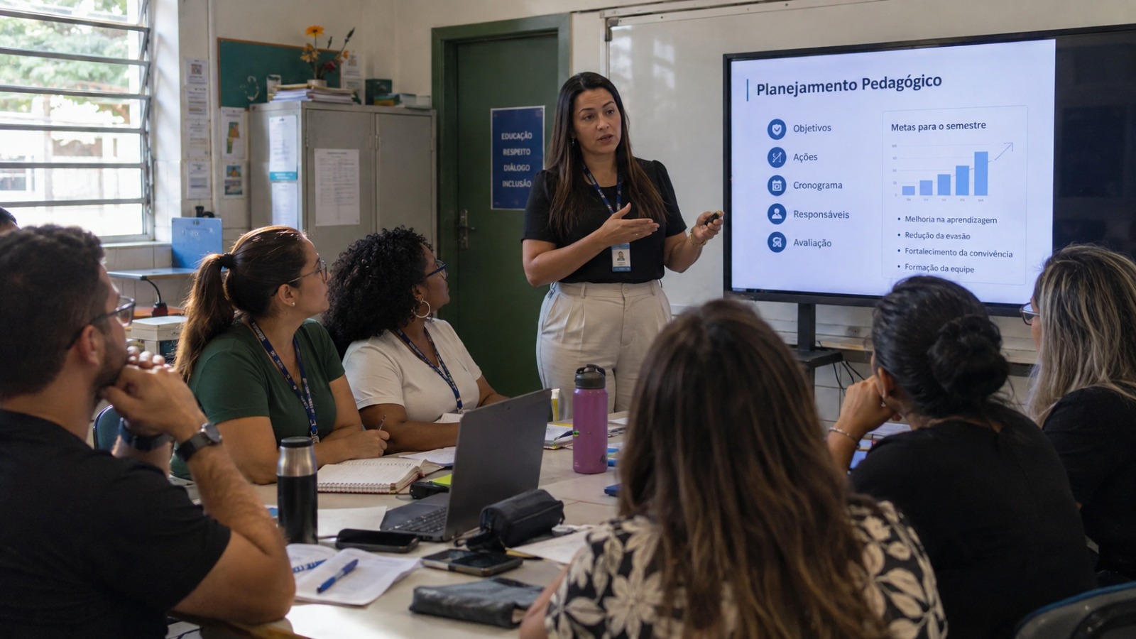 Gestora conduzindo uma formação sobre planejamento pedagógico para educadores