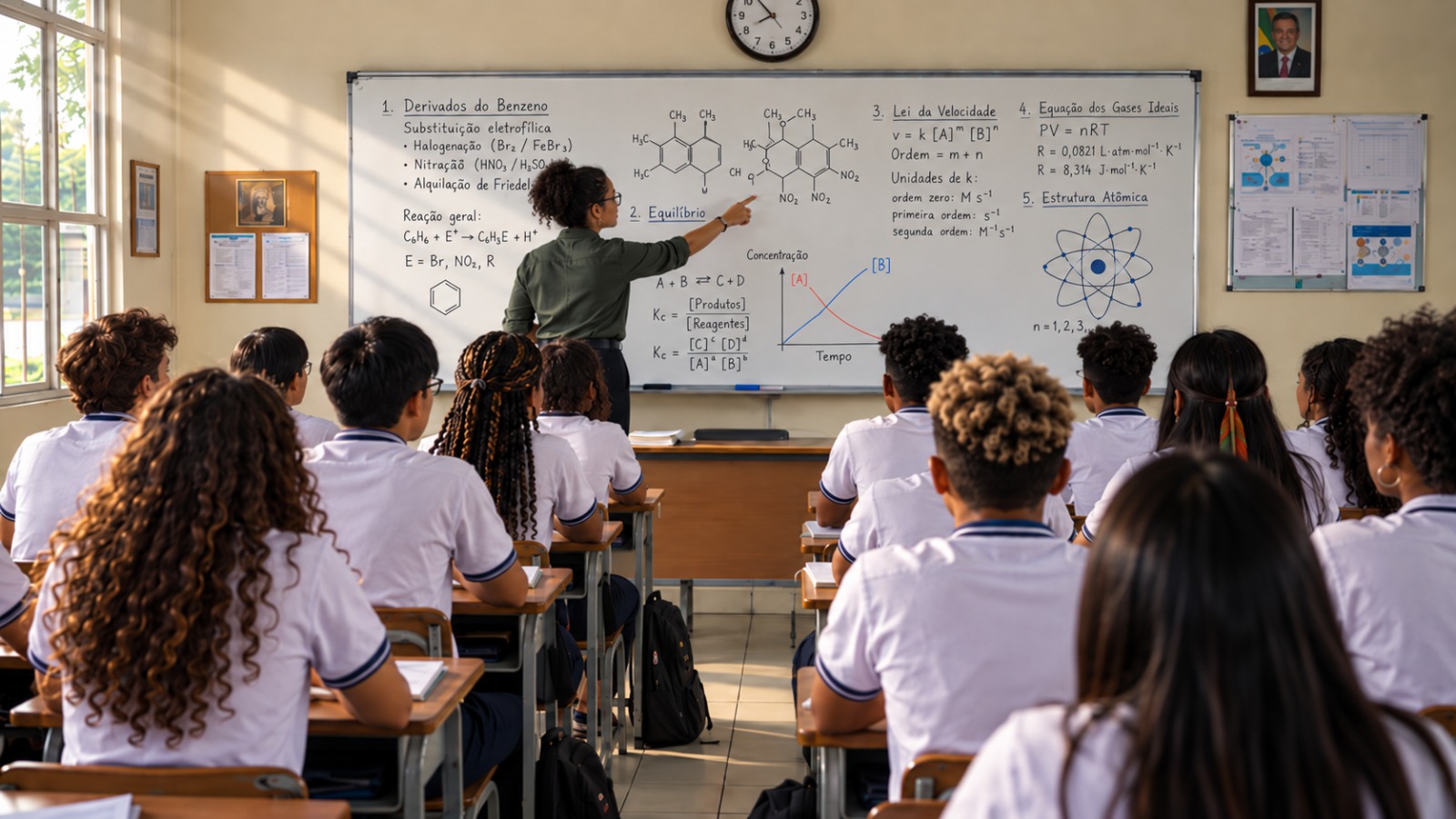 Professora conduzindo uma aula para uma turma de estudantes
